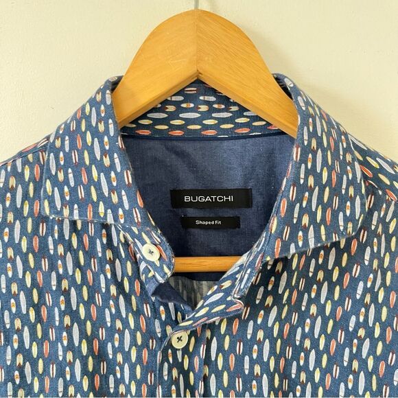 Bugatchi Navy Surfboard Pattern Linen Long Sleeve Button Down Shirt‎ - Picture 7 of 7